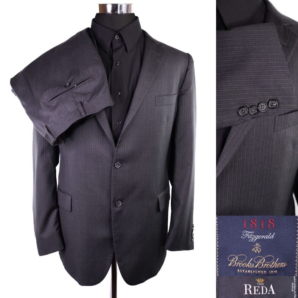 Brooks Brothes 1818 Fitzgerald Mens Suit 45L Gray Chalk Stripe 2pc Blazer Pants